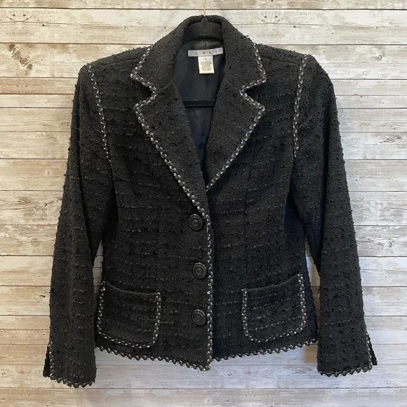CAbi Womens 2‎ Blazer Jacket Black Textured Tweed 3 Button #881 Professional - Picture 2 of 10